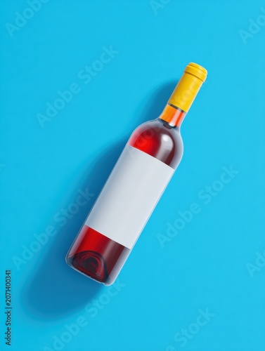 Slender wine bottle with blank label lies on vibrant blue background for modern beverage branding mockup and creative product display with copy space for text