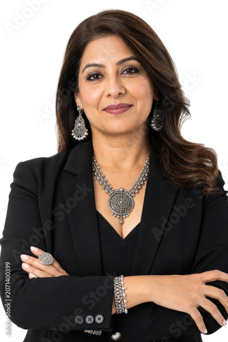 Confident Indian Businesswoman in Black Blazer with Traditional Jewelry Isolated on Transparent Background