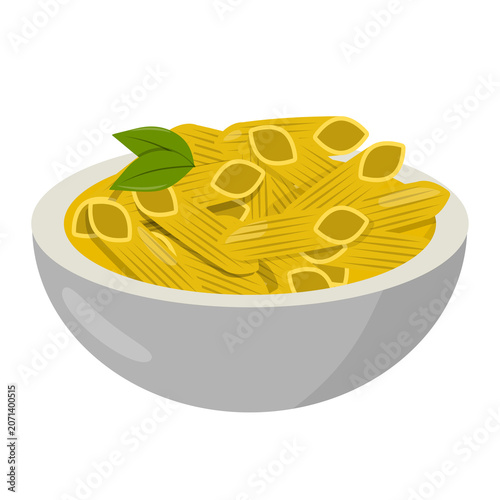 Penne pasta in a bowl with basil leaf illustration