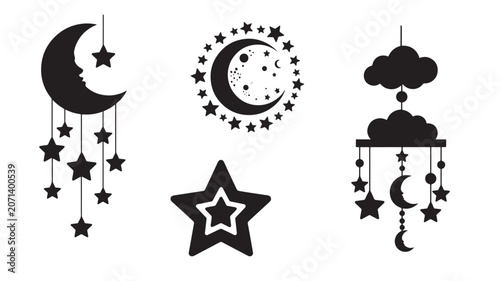 Collection of black and white Halloween themed decorative hanging ornaments.