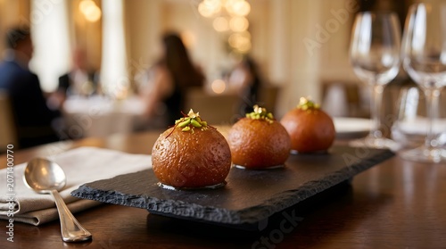 Three round, syrupy gulab jamun desserts, glistening with a rich amber glaze and topped with chopped pistachios, artfully arranged on a dark slate platter in a restaurant setting
