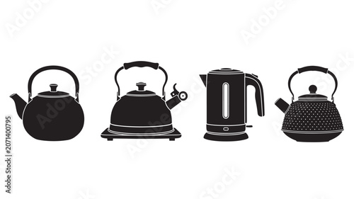 Set of four black and white minimalist kettle illustrations for kitchen design.