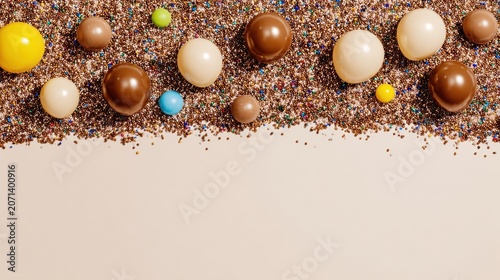 Shimmering Mocha Mousse Festive Border with Colorful Balloons and Glitter Particles. Elegant Celebration Concept Frame with Copy Space for Luxury Brand Invitations