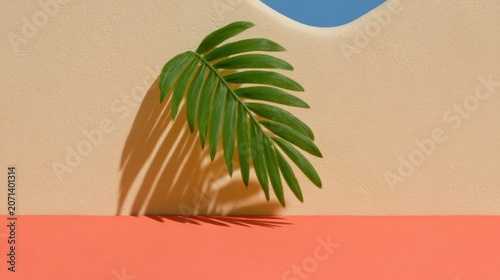 Green palm leaf casting a shadow against a beige wall with coral orange foreground for product display background and summer marketing mockup with copy space