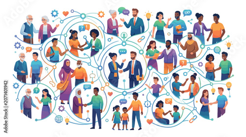 Diverse group of people connecting in a global community network illustration