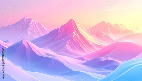 Vibrant pastel mountain landscape at sunrise.