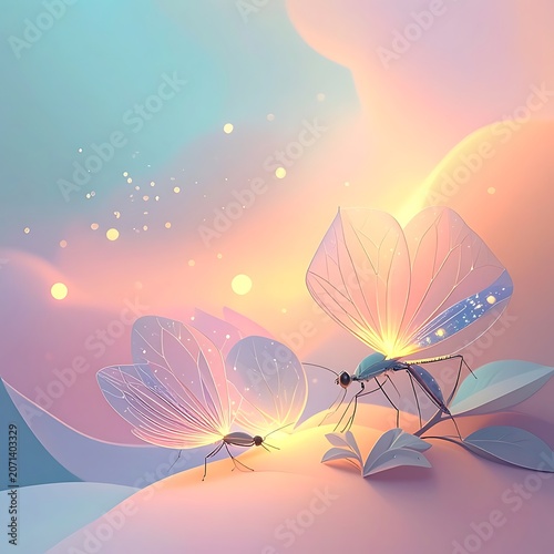 Whimsical illustration of two iridescent winged creatures