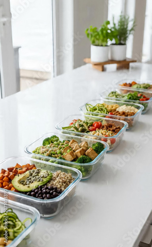 Healthy Weekly Meal Prep Containers with Fresh Vegetables and Protein for Balanced Nutrition Planning on a Kitchen Counter