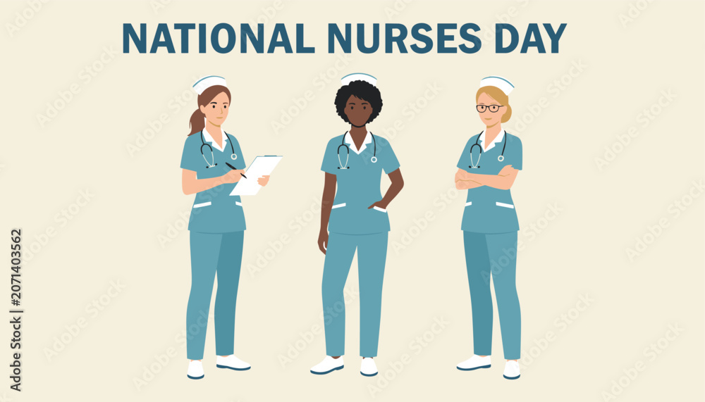 Fototapeta premium Celebration of National Nurses Day featuring three female medical professionals in teal scrubs standing together on a neutral background.