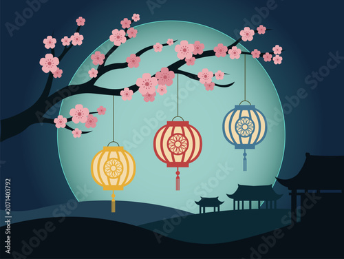 Chinese lanterns hanging from a sakura tree at night, Mid-autumn festival