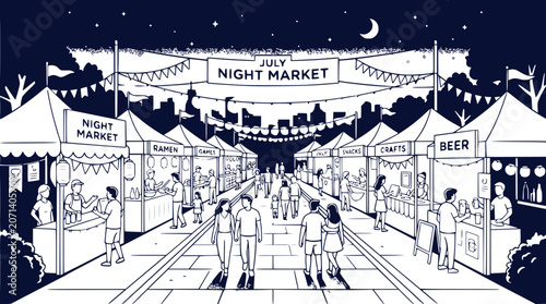 Photos Illustration of a bustling July night market with food stalls, crafts, and people strolling under festive banners