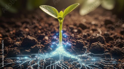 Young green plant sprout with glowing digital roots in fertile soil symbolizing smart agriculture and technology