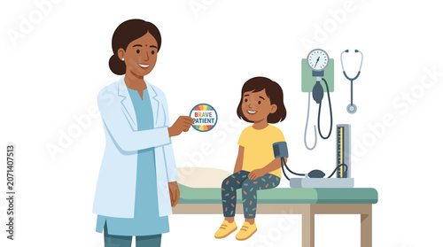 Obraz na plátně Pediatrician Giving Brave Patient Sticker After BP Checkup