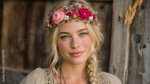 Blonde Woman Wearing Crocheted Floral Headband Boho Style Handmade Flower Accessory