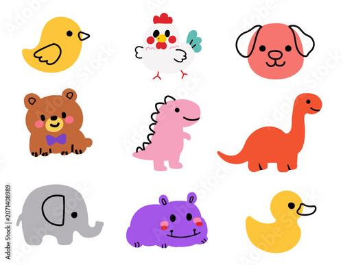 Colorful cartoon Hand drawn  animal and dinosaur illustrations