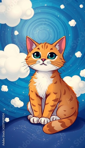Whimsical illustration of a cat sitting amidst a swirling blue galaxy background, with fluffy white clouds drifting by, stars, space