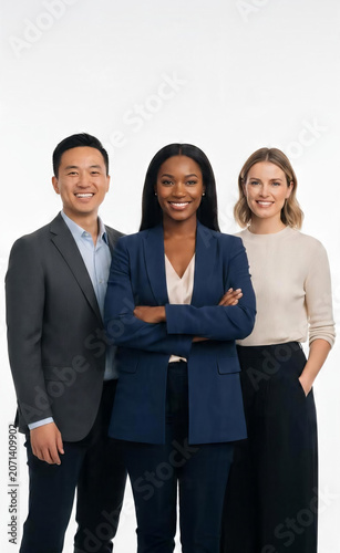 Diverse Group of Successful Young Professionals Standing Together in Business Casual Attire for Corporate Portrait