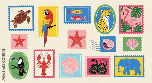 Vibrant animal and sea creature postage stamps on colorful backgrounds with tropical themes and designs