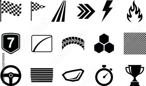 Fotografie A comprehensive collection of black motor racing vector icons featuring speed symbols and victory trophies on white background