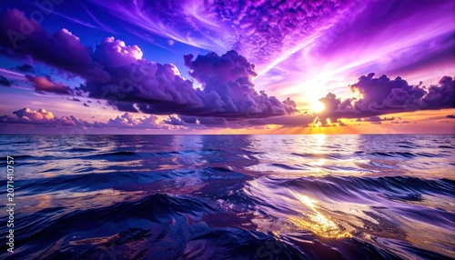 Vibrant Ocean Sunset with Purple Clouds.