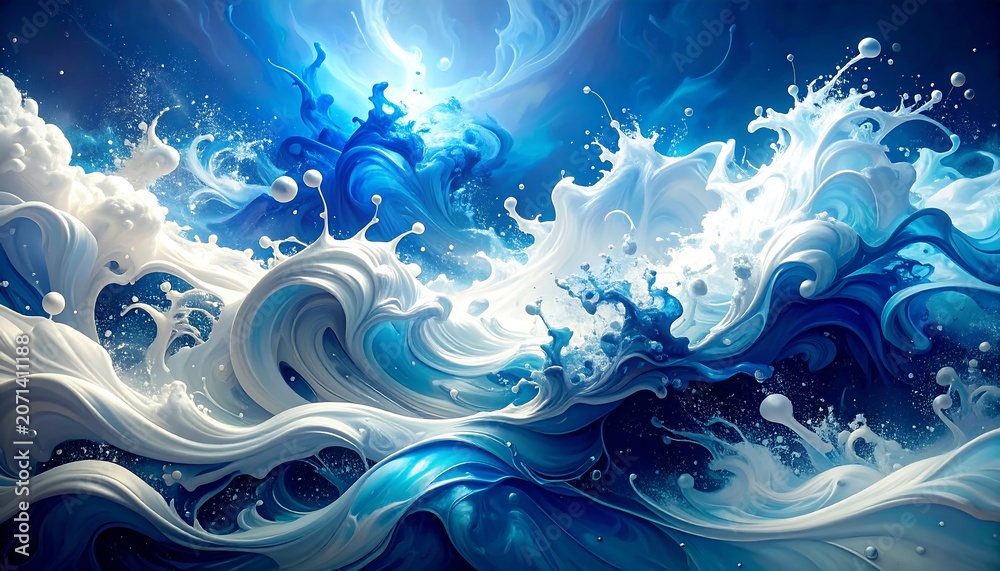 Obraz premium A vibrant, abstract artwork displaying crashing ocean waves in varying shades of blue and white, with an ethereal light above
