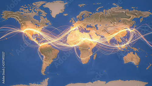 Globalconnectionsillustratedwithbrightlinesonaworldmaphighlightinginternationaltravelroutes.