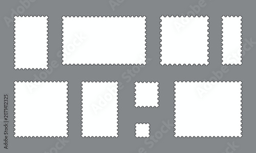 Bild auf Leinwand A collection of blank white postage stamp templates with classic perforated edges displayed on a neutral gray studio background