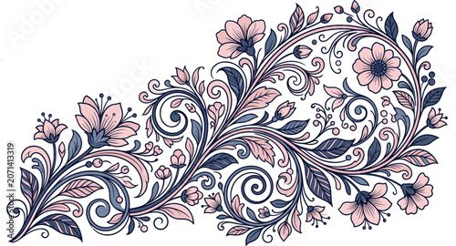 Quadro em tela Vibrant floral patterns unfold on a decorative border with swirling leaves and blossoms