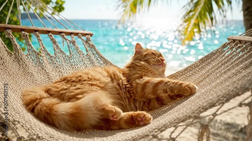 Fluffy orange cat relaxing on a hammock hung on a tropical beach