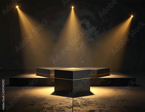 A darkened stage with a raised platform and spotlights