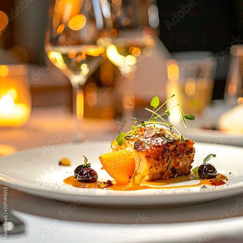 A piece of grilled fish on a plate with microgreens