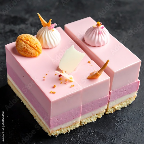 A pink layered cake with decorative toppings on a dark surface