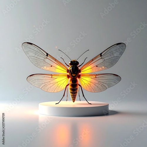 A futuristic, glowing insect with translucent wings on a white pedestal