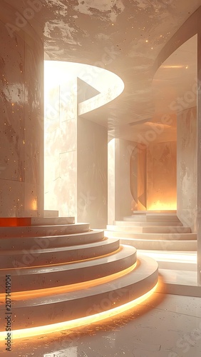 A futuristic interior with curved staircases and warm lighting