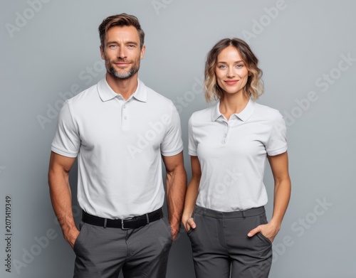 Man and woman standing side by side in matching white polo shirts and grey trousers