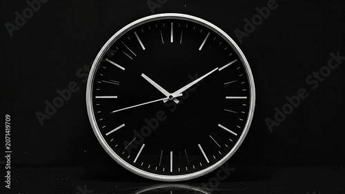 A minimalist wall clock with white hands on a black background