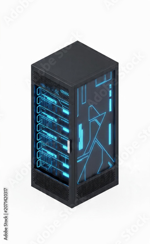 Isometric 3D Illustration of a Dark Computer Server Rack with Glowing Blue Circuits on White Background