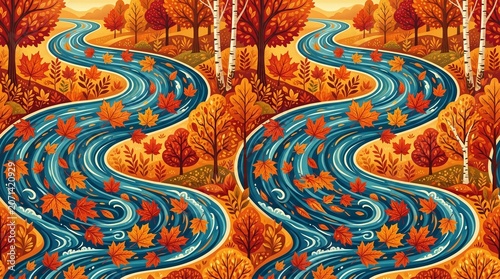 Vibrant autumn river scene with falling leaves, showcasing the beauty of nature and the changing seasons
