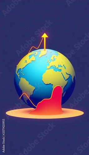Illustration of a globe with rising and falling lines, ||chart, finance