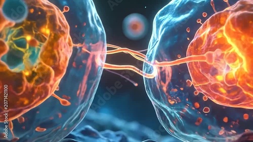 Microscopic view of biological cells interacting in a dark space