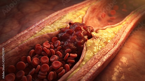 Canvas Print Close up view of a blood clot obstructing a diseased artery with red blood cells