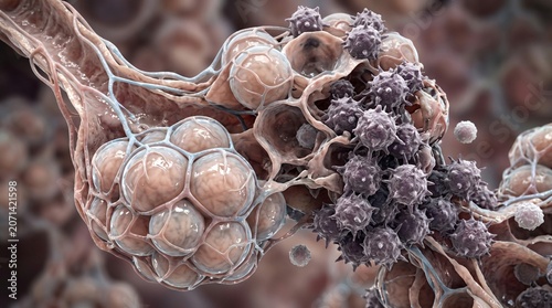 Konstfotografi Microscopic view of alveoli with invading viral particles illustrating respirato