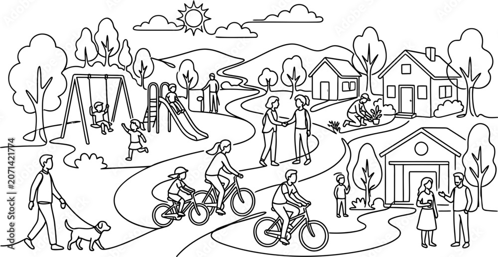Obraz premium Community Park Scene Coloring Page with People and Activities.