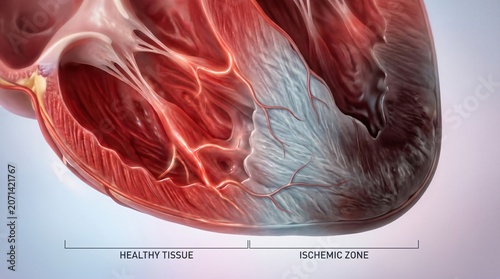 Foto Close up 3D rendering of human heart muscle with healthy tissue and ischemic zon