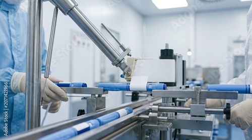 Tableau sur toile Sterile manufacturing process workers in clean suits assembling medical devices