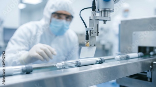 Fotografie Pharmaceutical manufacturing process with robotic arm and worker in cleanroom