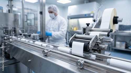 Foto Pharmaceutical production line with worker in cleanroom labeling machine applyin