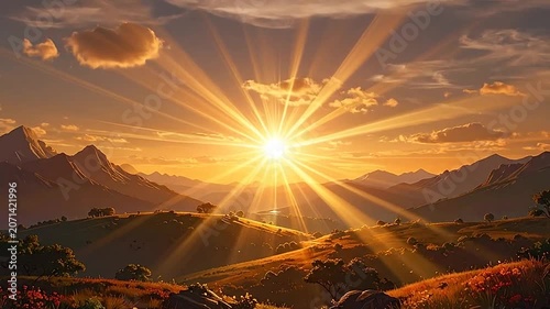 A radiant golden sun sets behind distant rolling mountain peaks