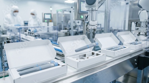 Obraz na plátně Robotic arm packaging medical devices in sterile cleanroom production facility