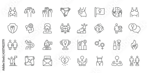Feminism icons in line design. feminism, gender equality, women empowerment, equal rights, female health, social justice, diversity on white background vector. Feminism editable stroke icons